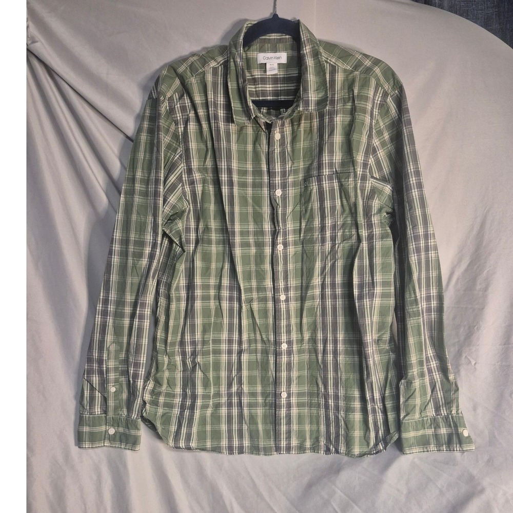 Calvin Klein Mens XL Long Sleeve Button Down Shirt Green Plaid Casual Top
